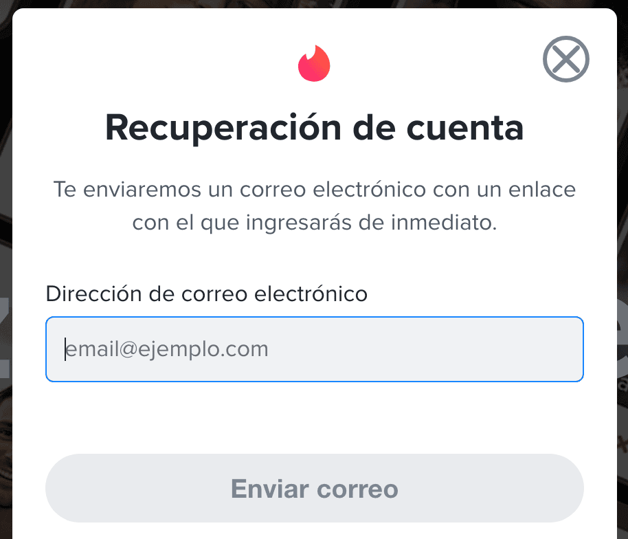 Uso de olvidé contraseña en Tinder